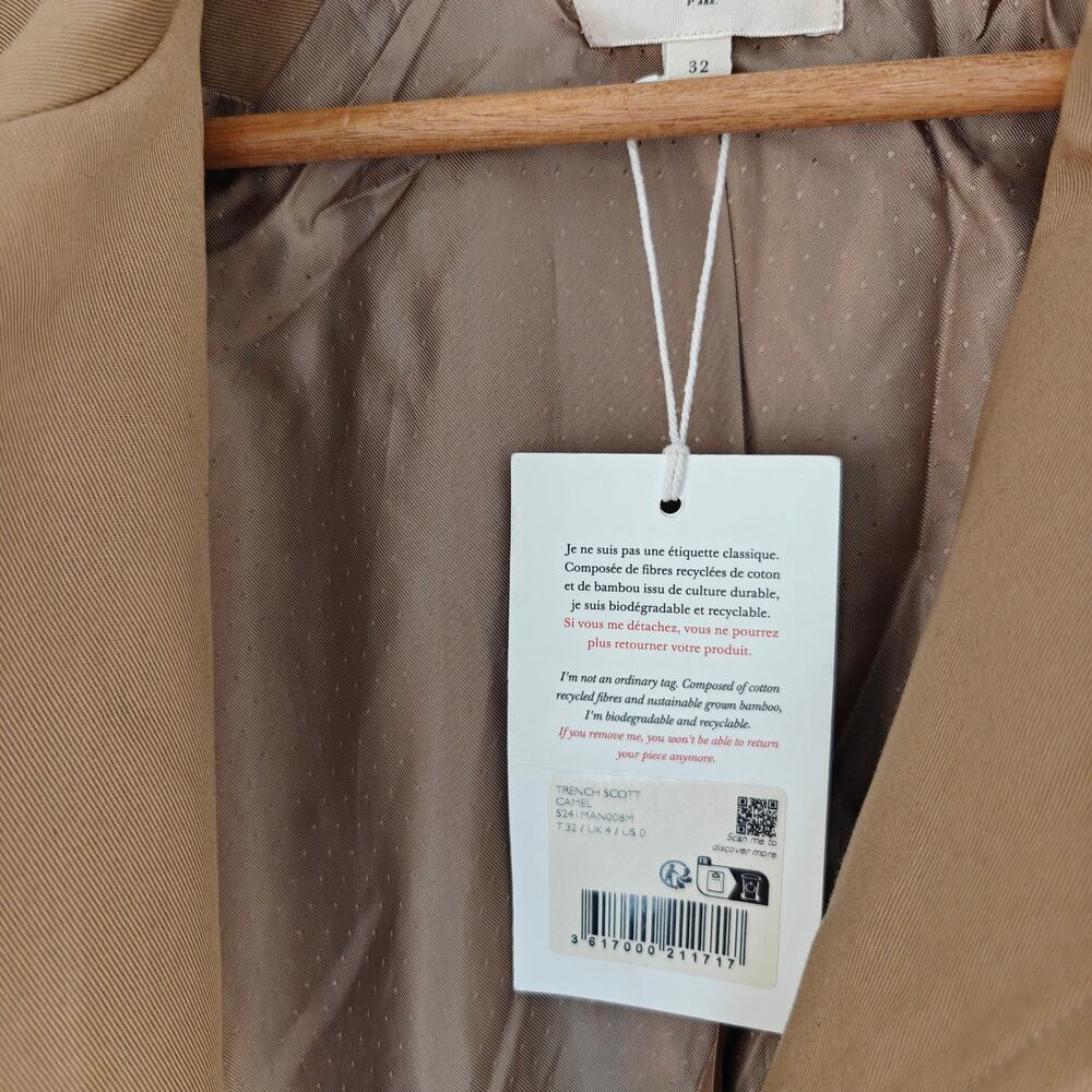 NWT Sézane Scott Trench Coat Camel Beige FR 32 US 0 Belted Classic Tan - Picture 7 of 8